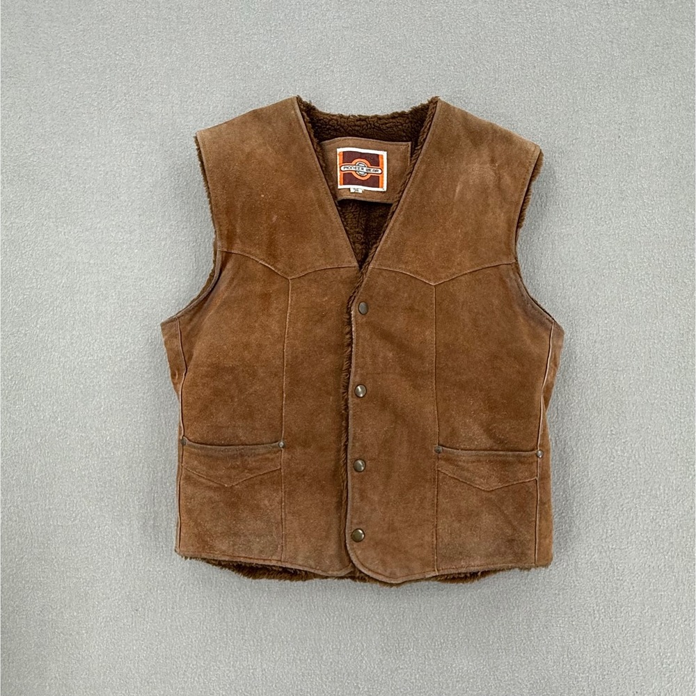 Vintage 70s Pioneer Wear Suede Leather Western Yoke Rancher Cowboy Vest Men 36